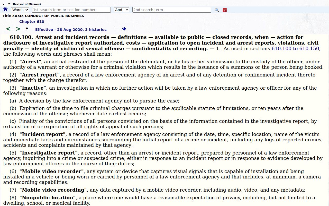 Grundy County arrest record access law in Missouri section 610.100