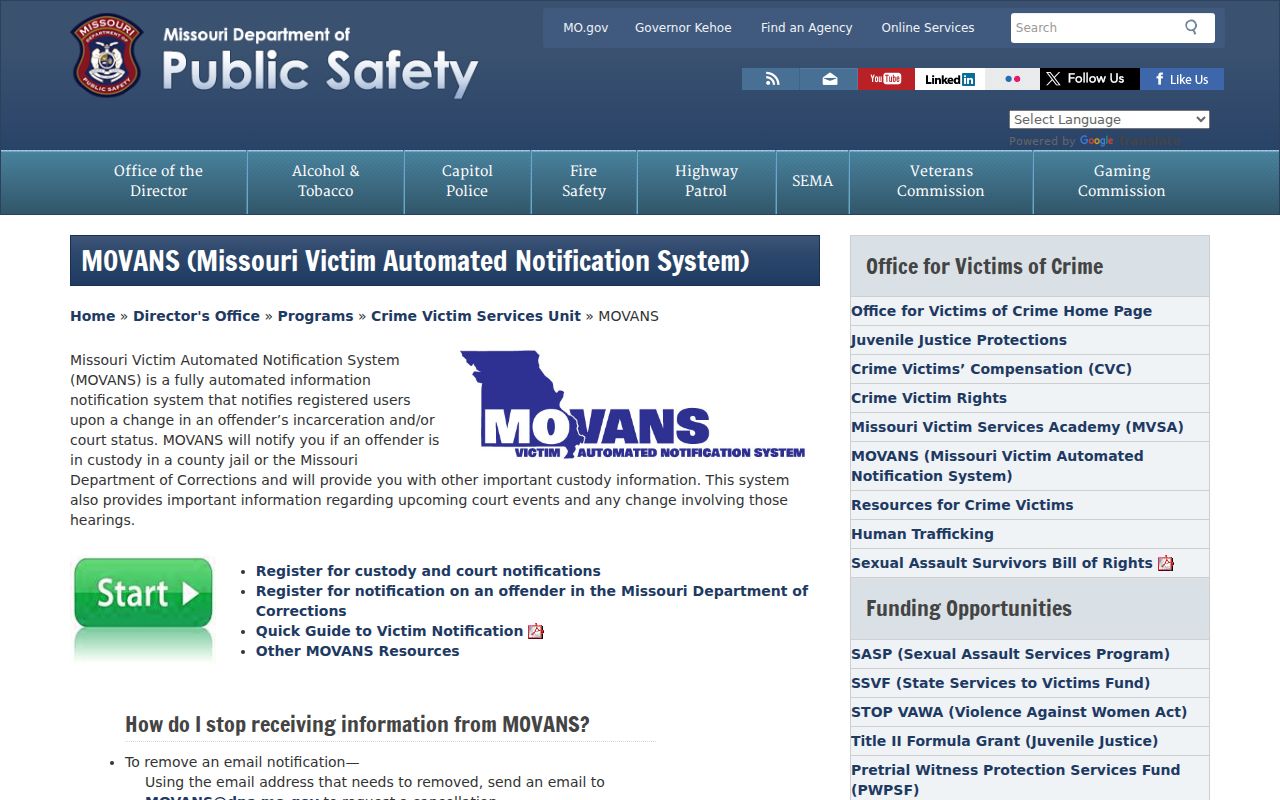 Grundy County arrest history and Missouri MOVANS custody notification guidance