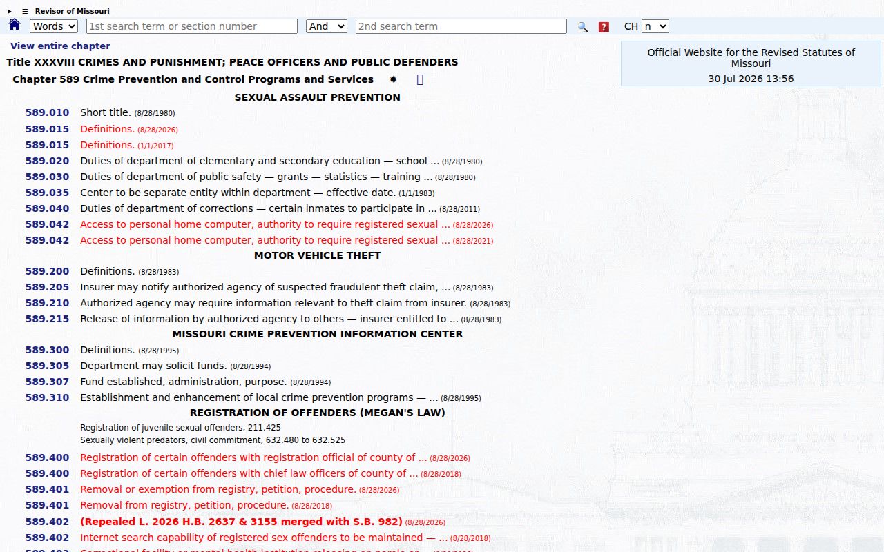 Missouri Chapter 589 rules for a Grundy County sex offender check